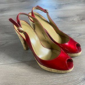 Stuart Weitzman Sz 8.5 Spring Fling Heels Red Patent Leather Peep Toe Shoes